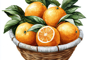 Oranges with green leaves in basket, a Food & Drink Photo by Pixeness Studio