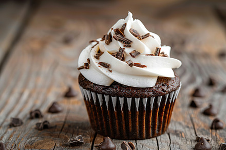 Chocolate cupcakes with white whipped cream on wooden table, a Food & Drink Photo by AlyaAnd