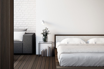 The loft & modern bedroom  3d rende stock photo containing bedroom and, an Architecture Photo by TONTECTONIX