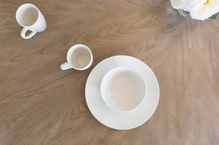 White Mugs on Wood Table, a Food & Drink Photo by Water Street Photography