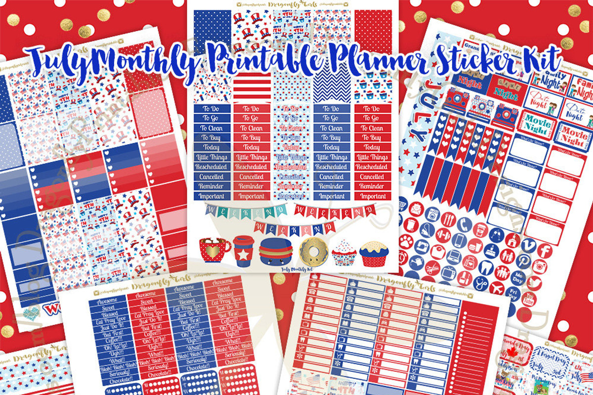 July Printable Planner Stickers, a Graphic by Dragonfly Girls Designs