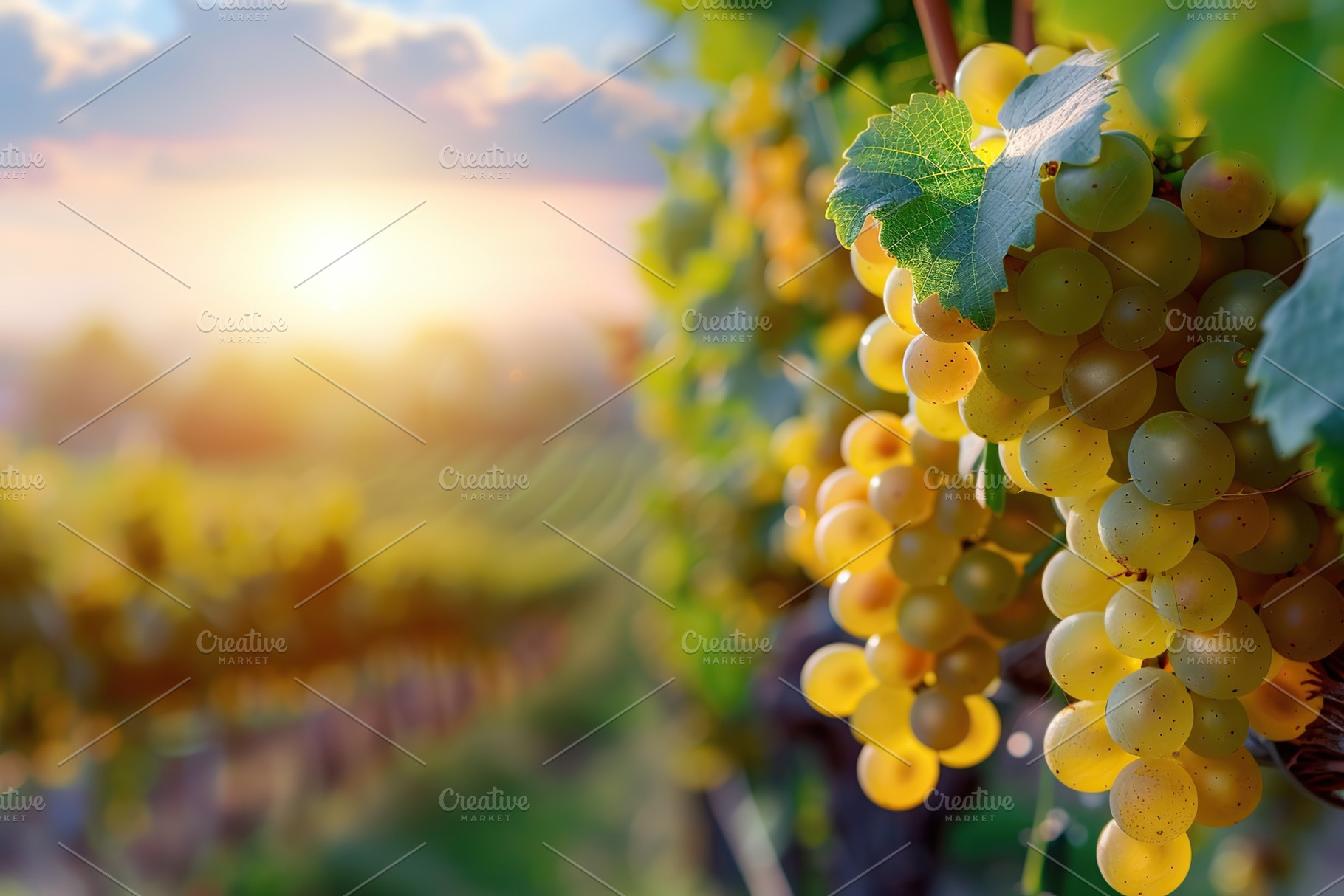 White grape bunches hanging in vineyard on sunset background, a Food & Drink Photo by AlyaAnd