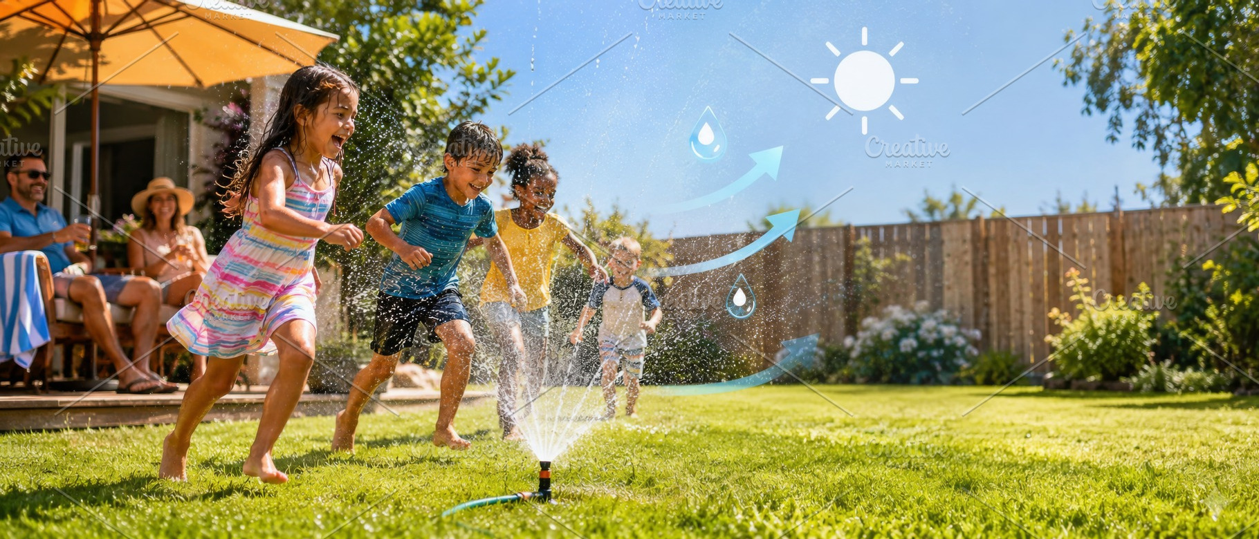 Children playing in sprinkler on hot, a Photo by Dvoevnore photos