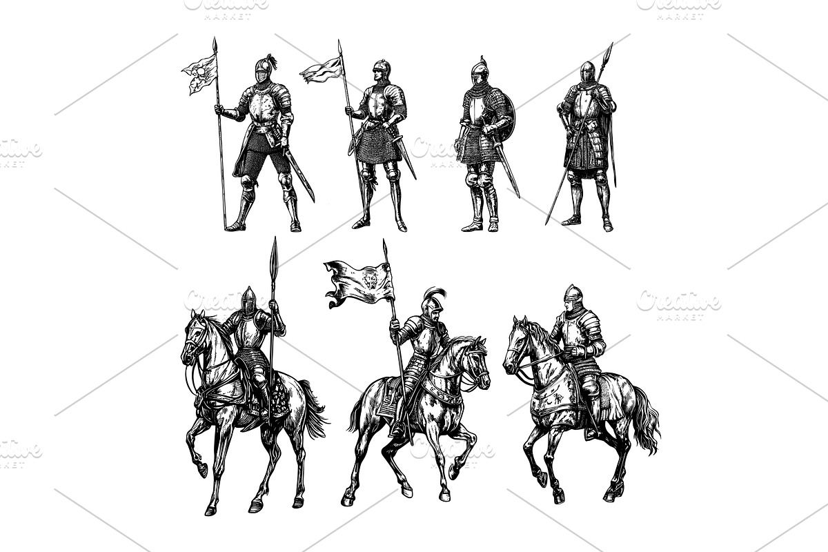 Medieval knights engraving vector, an Animal Illustration by Valerie Bodnar