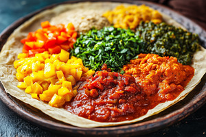 Ethiopian injera with colorful stews, a Food & Drink Photo by MistyDay