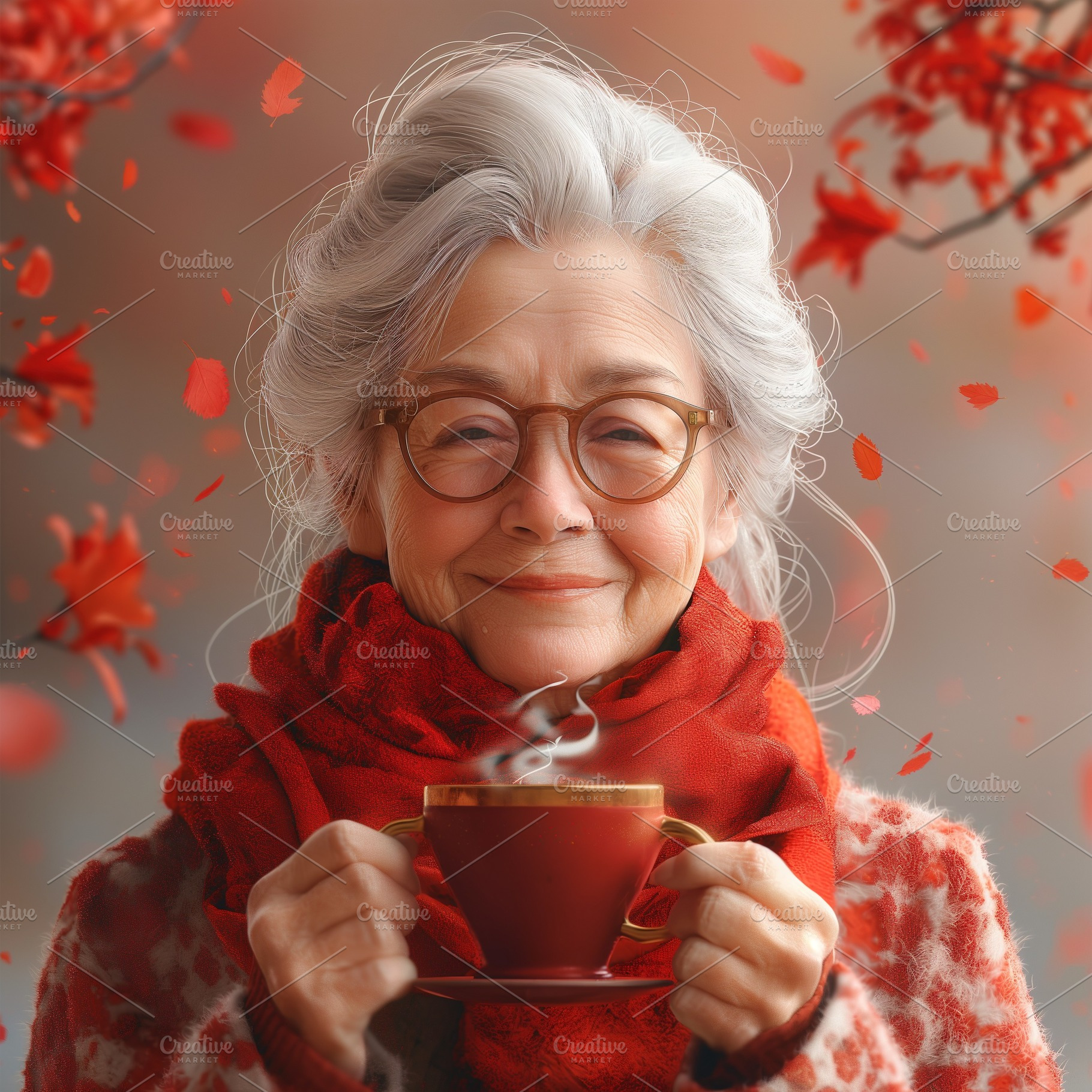 An elderly Caucasian woman with grey hair enjoying a warm cup of tea, surrounde, a Person Photo by ImageMir