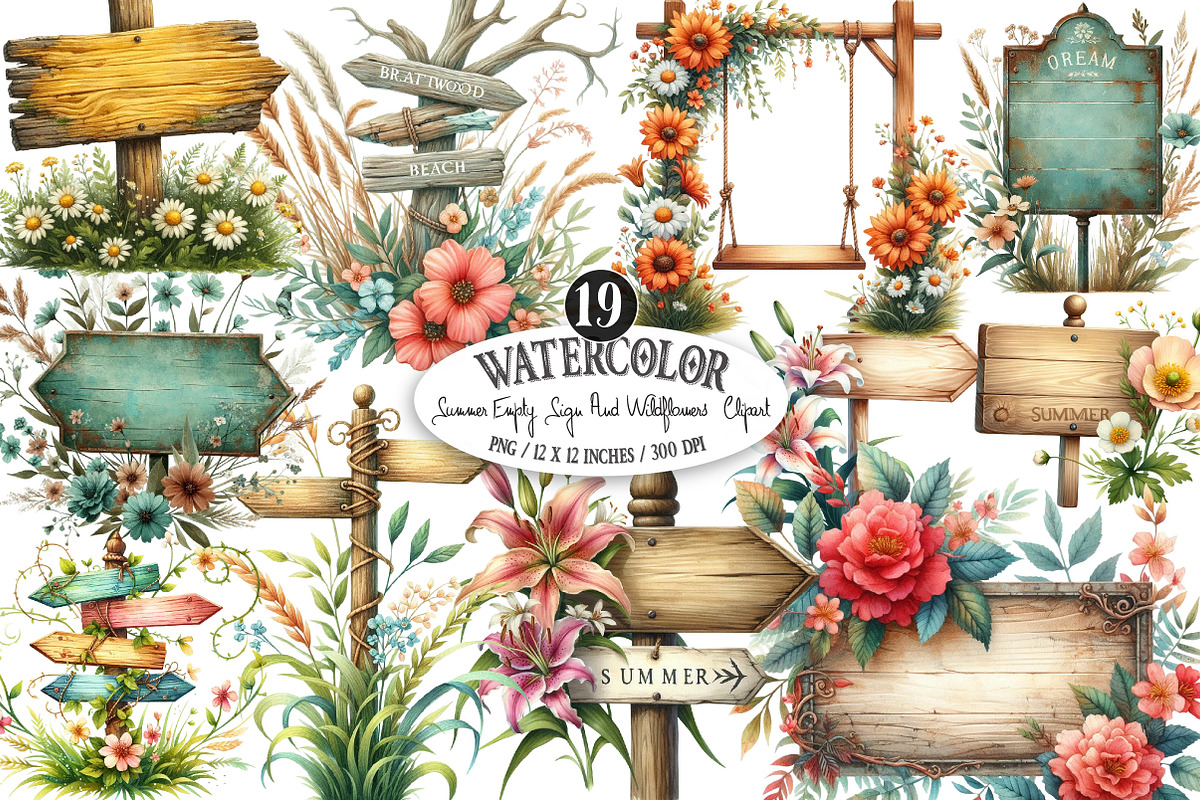 Summer Empty Sign & Wildflowers PNG, an Illustration by Designking (Photo 1 of 4)