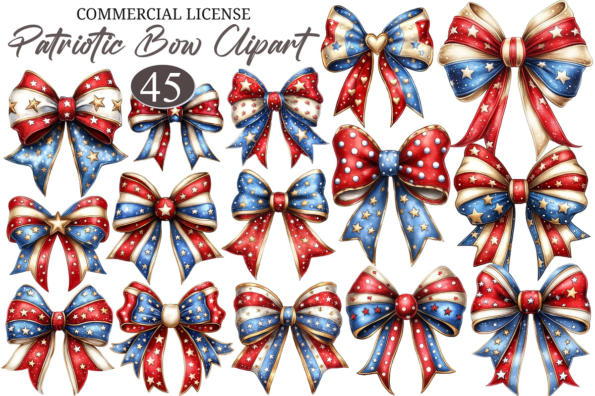 Whimsical Patriotic Bow Clipart, an Illustration by designcity5 (Photo 1 of 5)