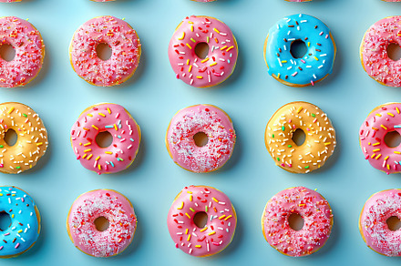 Pattern of sweet and colorful donuts, a Food & Drink Photo by AlyaAnd