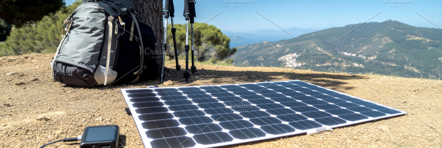 Camping gear and solar panel setup on mountain landscape, perfec, a Photo by Dvoevnore photos