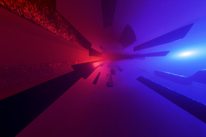 Abstract red and blue light tunnel with glowing geometric shapes, a Background Photo by RF Images