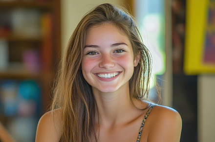 Smiling Caucasian girl in a college, a Photo by Pavel_design