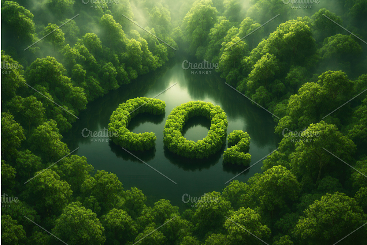 Lush green trees form the letters, an Illustration by Sergey Kotenev