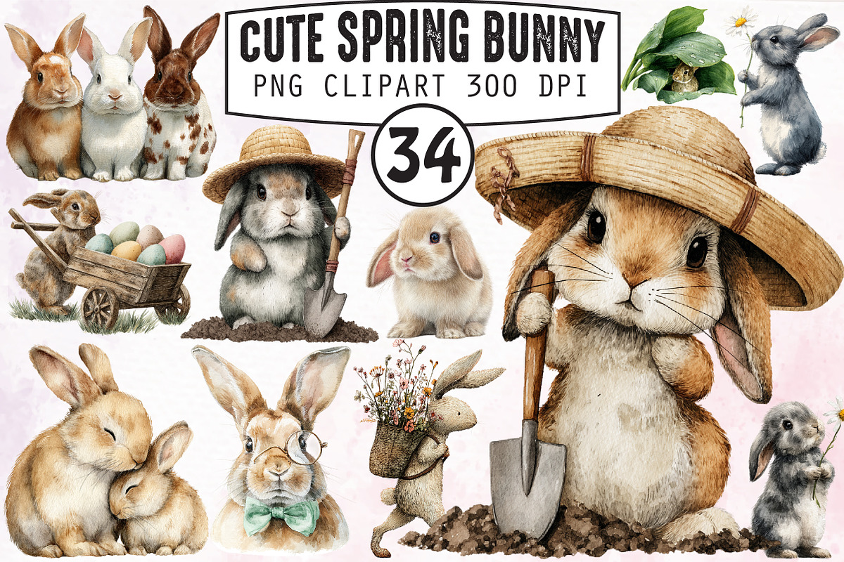Cute Spring Bunny Clipart Bundle PNG, an Animal Illustration by RobertsArt
