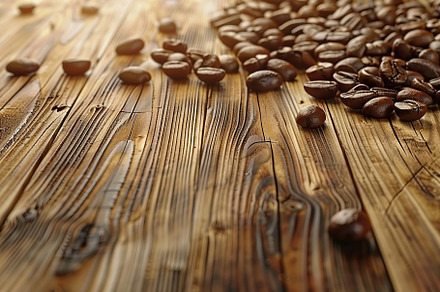 Heap of coffee beans on wooden table, a Food & Drink Photo by AlyaAnd
