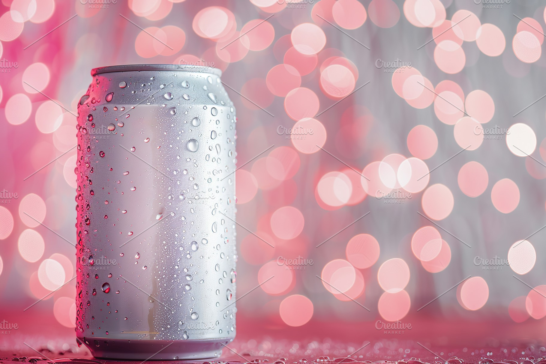Blank aluminum can with water drops on blurred lights background, a Food & Drink Photo by AlyaAnd