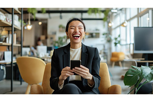Asian businesswoman laughing while, a Person Photo by Sergey Kotenev