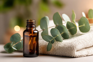 Amber glass bottle with essential oil next to eucalyptus leaves, an Abstract Photo by José Manuel Gelpi