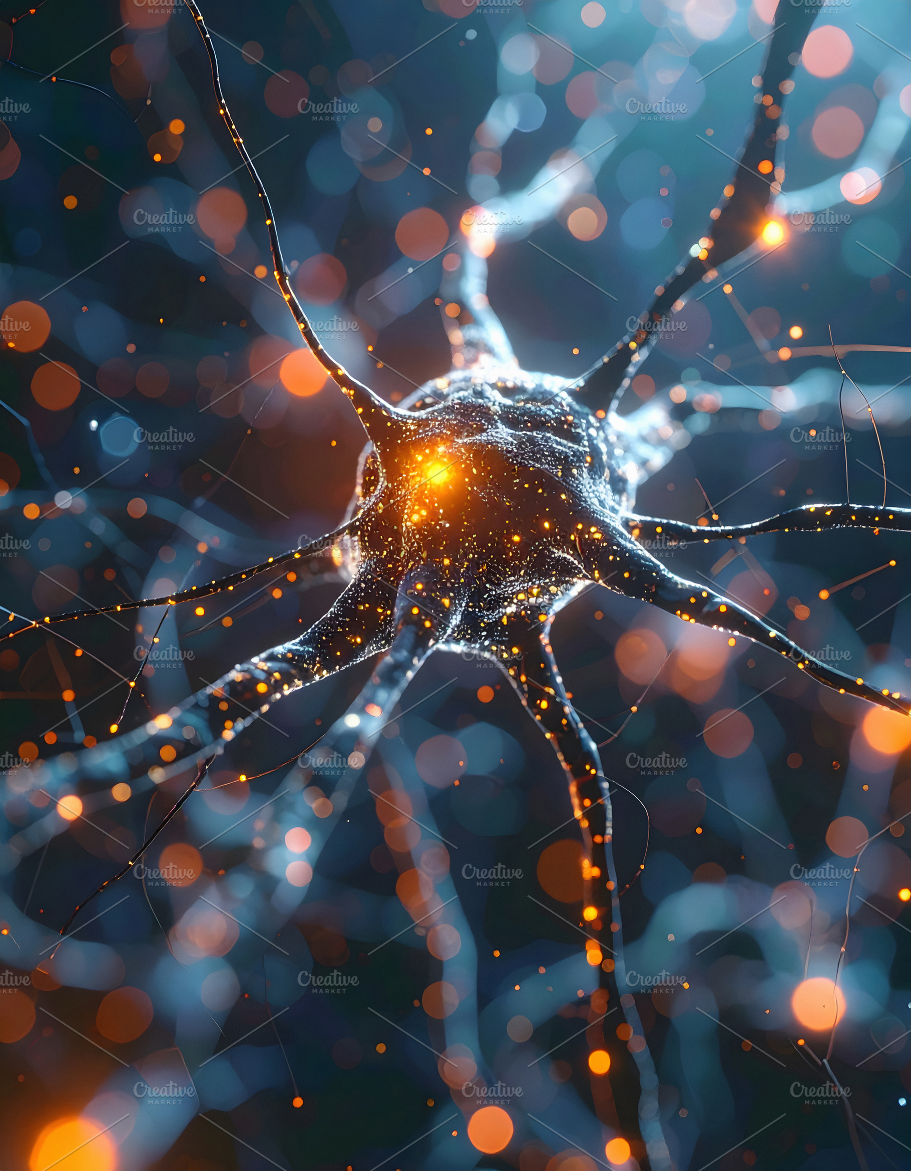 Single glowing neuron with extended dendrites and synaptic conne, a Health & Medical Photo by GoodGoods