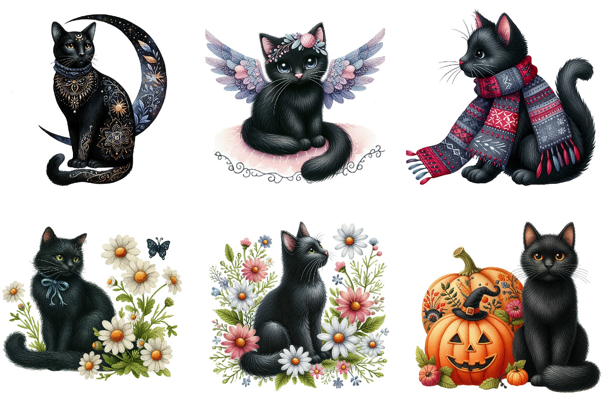 Embroidered Black Cats Clipart, an Illustration by DreamArtGraphic (Photo 4 of 4)