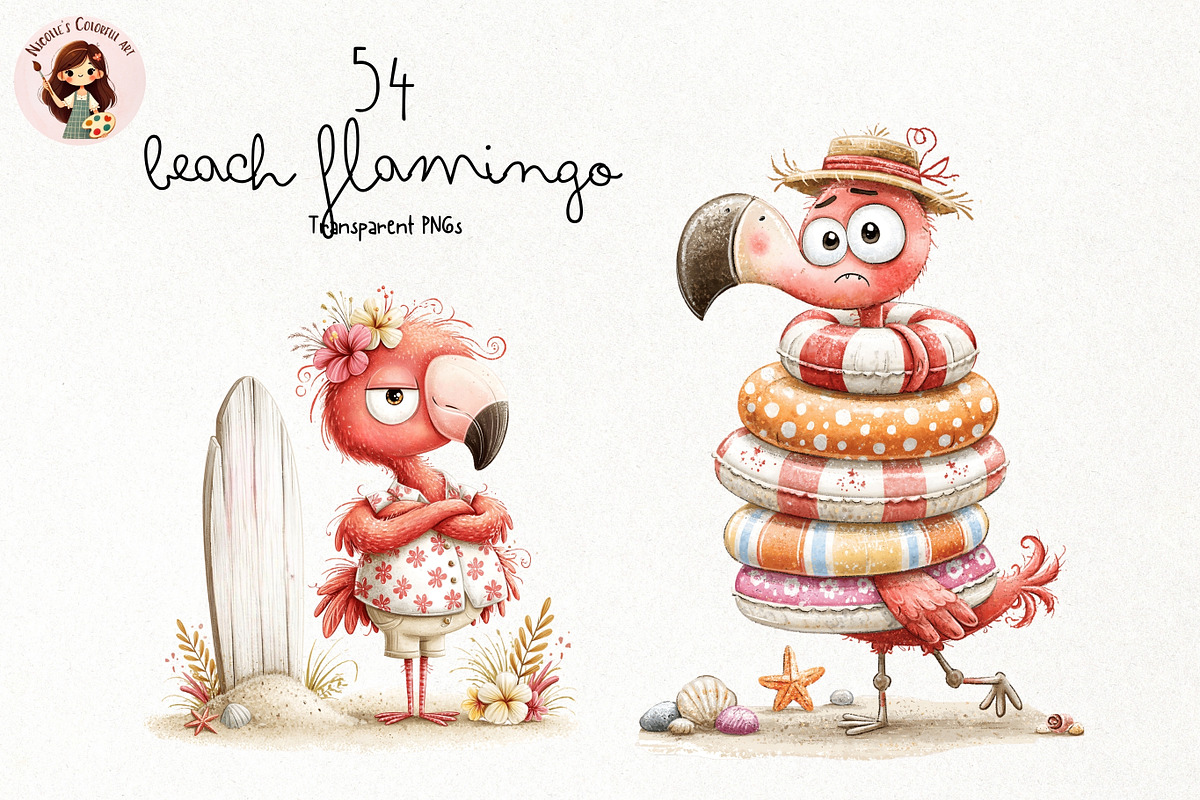 Whimsical Beach Flamingo PNG, a Seasonal Illustration by Nicolle's Colorful Art (Photo 1 of 5)