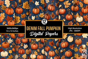Denim Pumpkin & Leaves Pattern