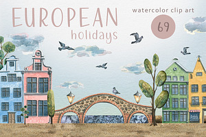 Old European houses watercolor clipa