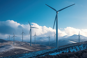 A scenic view of wind turbines on rolling hills under a clear blue sky with flu, an Industrial Photo by Textures & Backgrounds