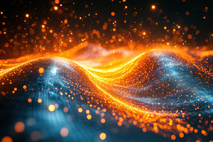 Glowing orange and blue particles wa, a Background Photo by Pixeness Studio