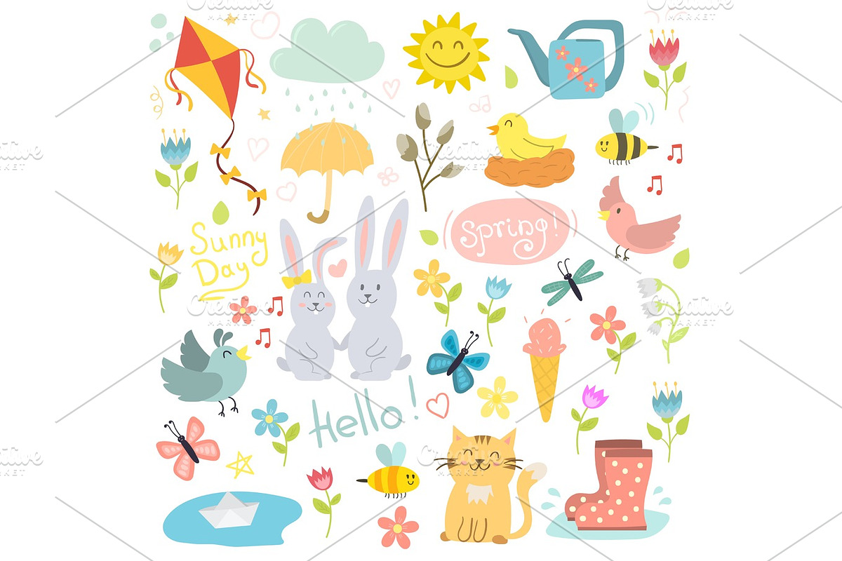 Spring set hand drawn elements flowers birds wreaths and other summer ...