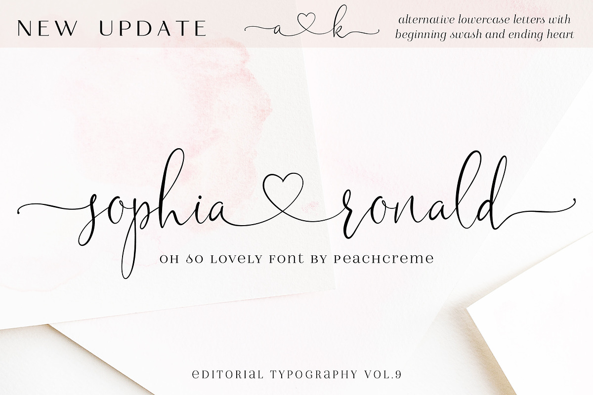 Sophia Ronald // Lovely Script Font, a Script Font by PeachCreme (Photo 1 of 22)