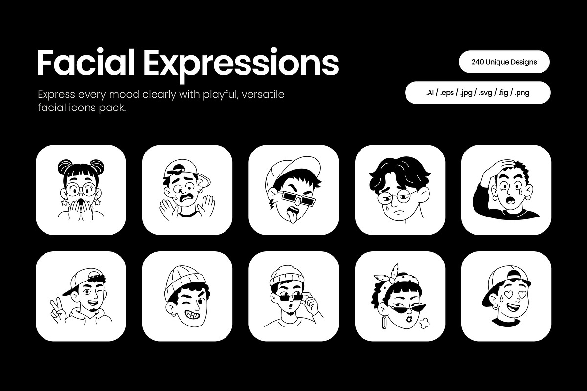 240 Facial Expressions Icons, an Outline Icon by Prosymbols (Photo 1 of 15)