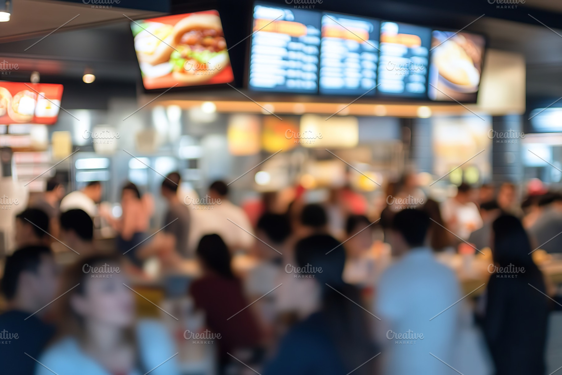 Blurred background of fast food restaurant full of people, a Photo by AlyaAnd