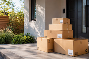 Delivery boxes on porch in sunlight, a Photo by Beautiful things