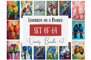 64 Lovebirds on a Branch Art, an Illustration by Art Paradise Studios