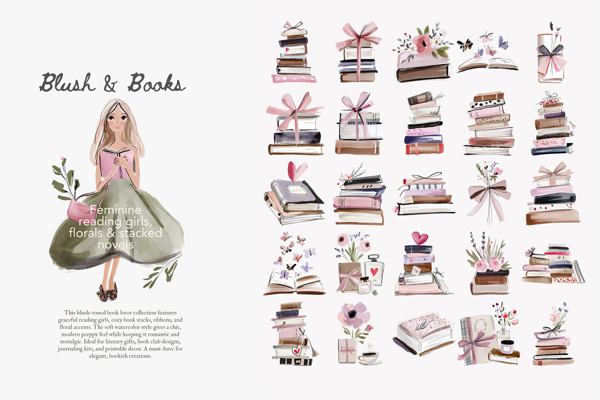 Blush Book Lover Clipart Bundle, a Decorative Illustration by Patishop Art (Photo 10 of 14)