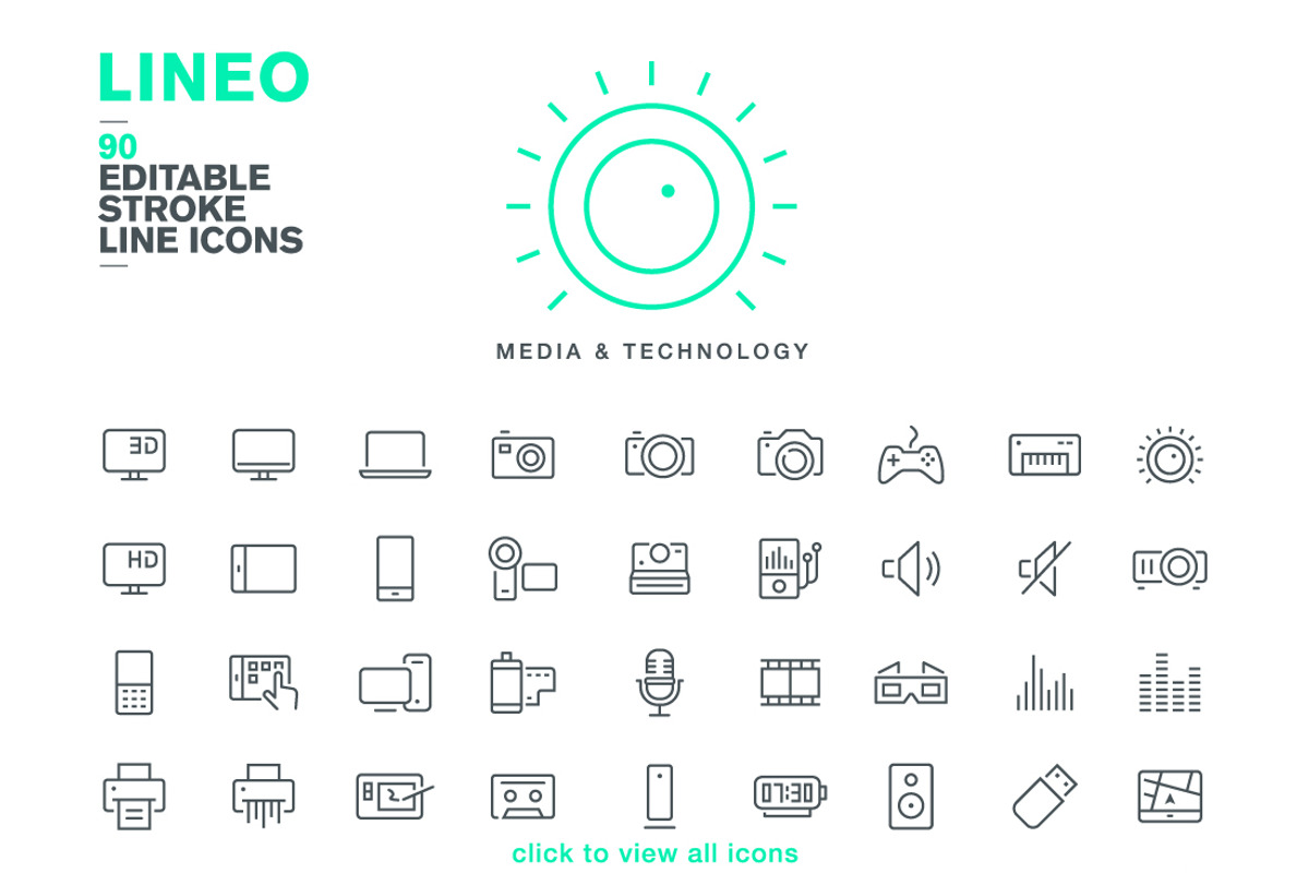 LINEO - 90 MEDIA ICONS, an Outline Icon by sharpnose