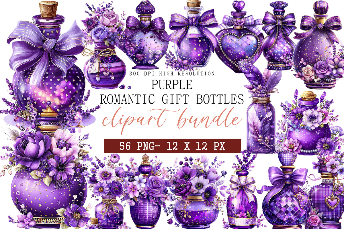 Purple Romantic Gift Bottles Clipart, an Illustration by DreamArtGraphic (Photo 1 of 5)