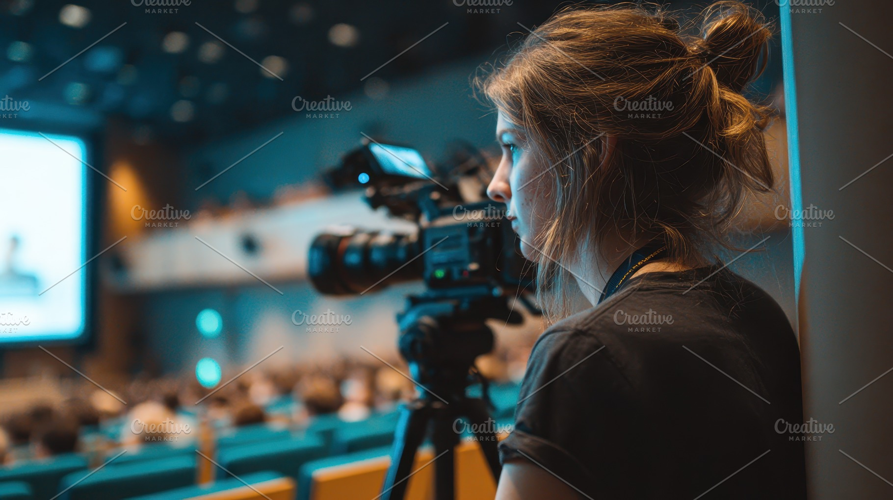 Woman filming conference with profes, a Photo by Pixeness Studio