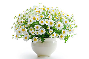 Fresh chamomile flowers in vase on white background, a Nature Photo by AlyaAnd