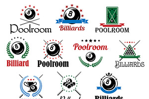Billiard game emblems and symbols, a Solid Icon by Vector Tradition