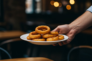 Crispy golden onion rings served on, a Food & Drink Photo by professorinc