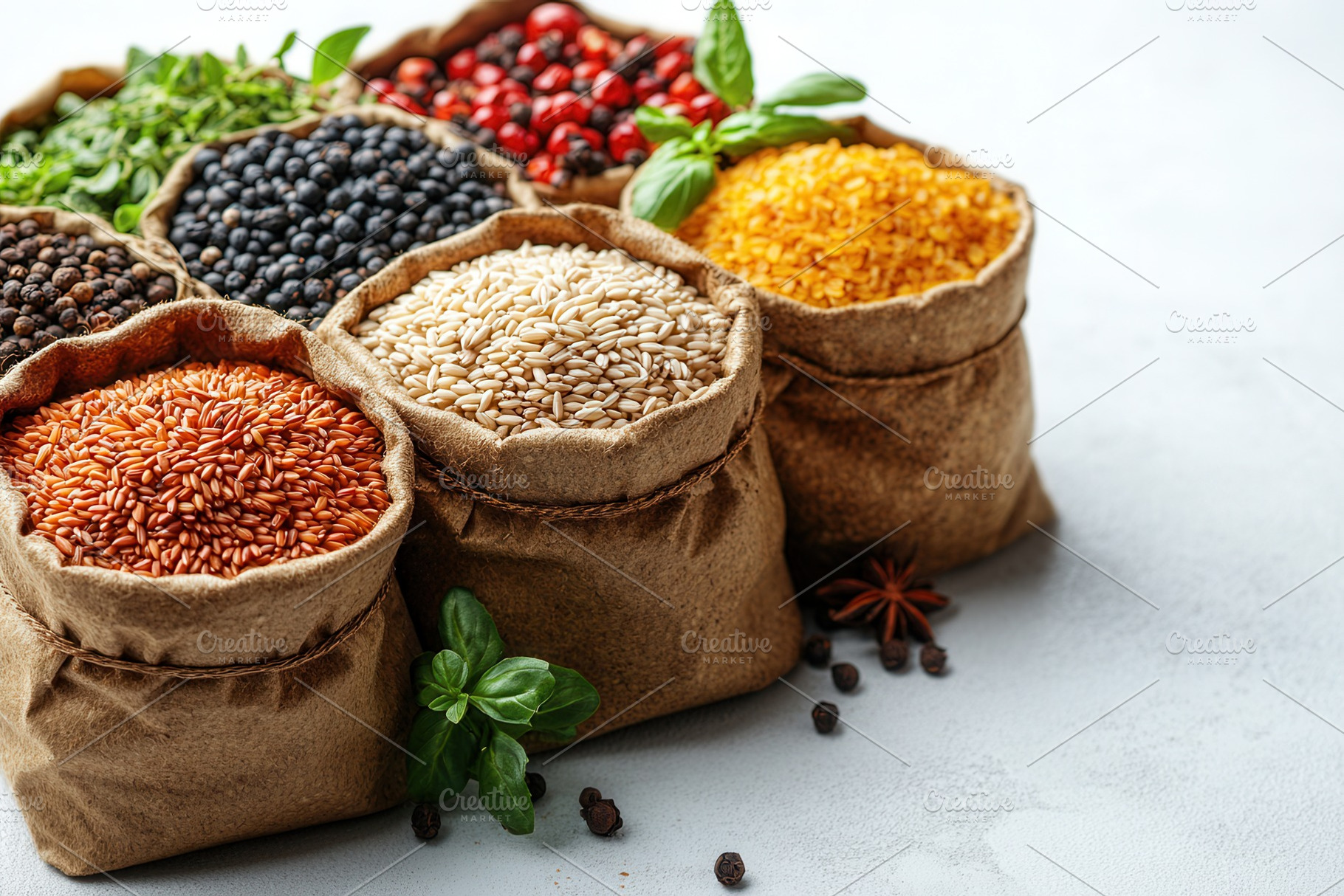 Colorful assortment of spices and gr, a Photo by Tanuart
