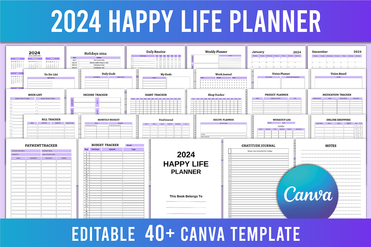 Editable 2024 Happy Life Planner, a Print Template by Shumaya (Photo 1 of 5)