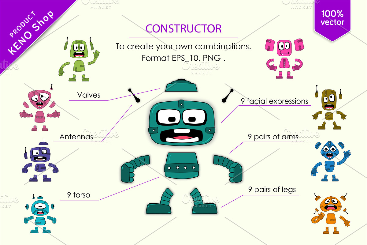 9 Funny cartoon robots. Tshirt, PNG., an Animal Illustration by KENO Mascots (Photo 5 of 5)
