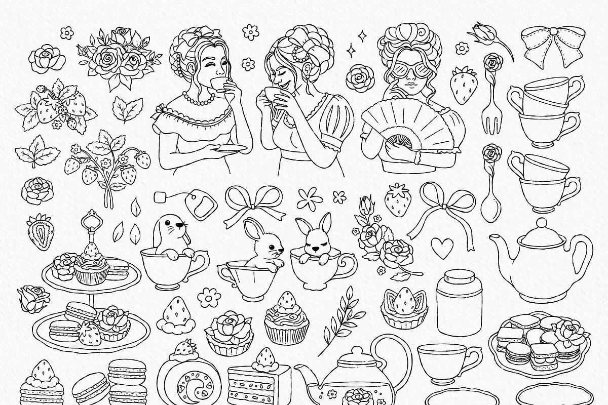 Rococo Strawberry Tea Time Line Art, a Food Illustration by TitaLivingArt (Photo 2 of 7)
