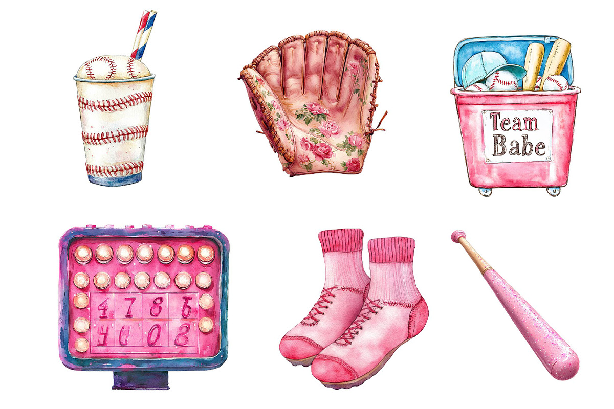 Retro Girly Baseball Clipart Bundle, an Illustration by Dream Creation (Photo 6 of 6)