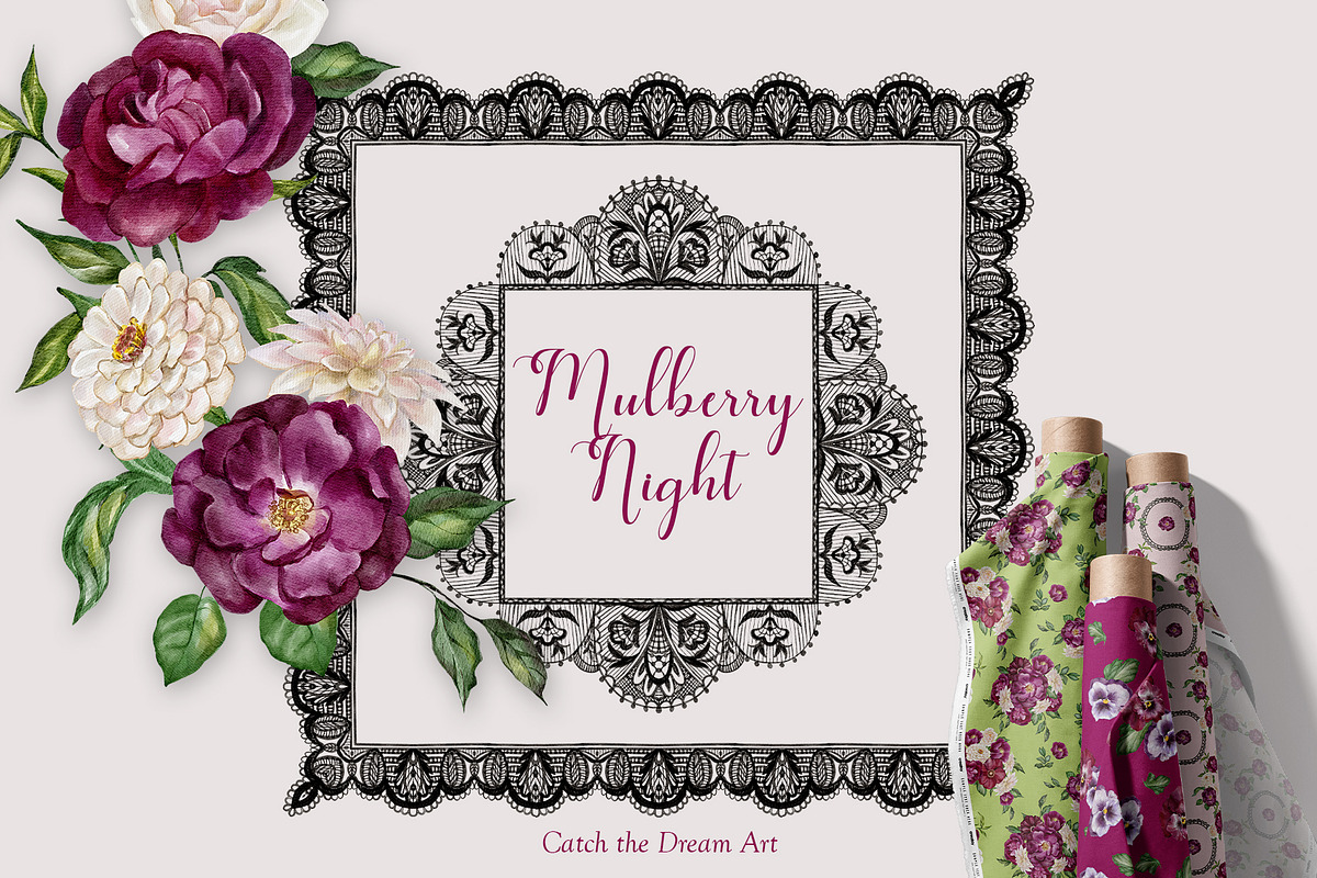 Mulberry Night Lace & Florals, a Seasonal Illustration by Catch the Dream Art (Photo 1 of 14)