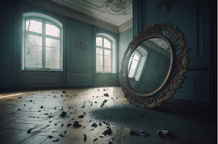 Round mirror in ruined room, an Architecture Photo by Ylivdesign