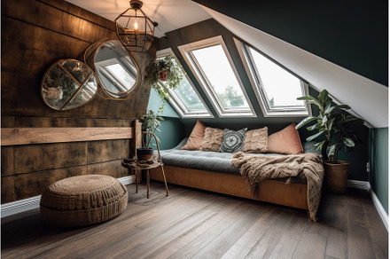 large attic room with comfortable, an Architecture Photo by Sergey Kotenev